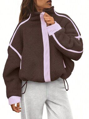 Brown Elegant Women's Coat with Stand Collar